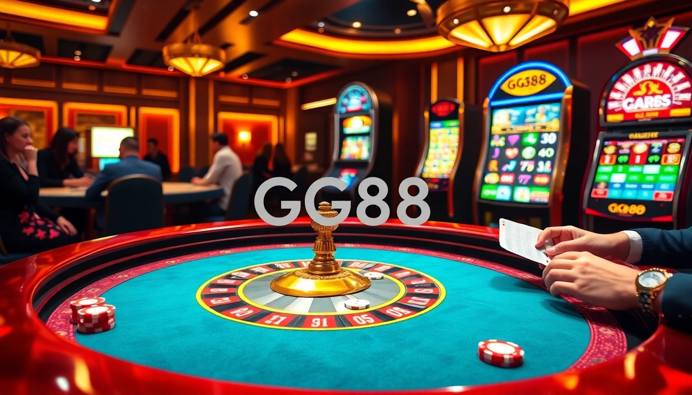 Engaged players at GG88's roulette table in a vibrant casino atmosphere.