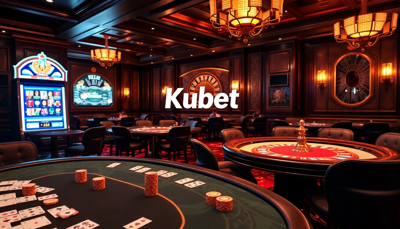 Kubet casino experience featuring poker tables, slot machines, and players engaged in betting.