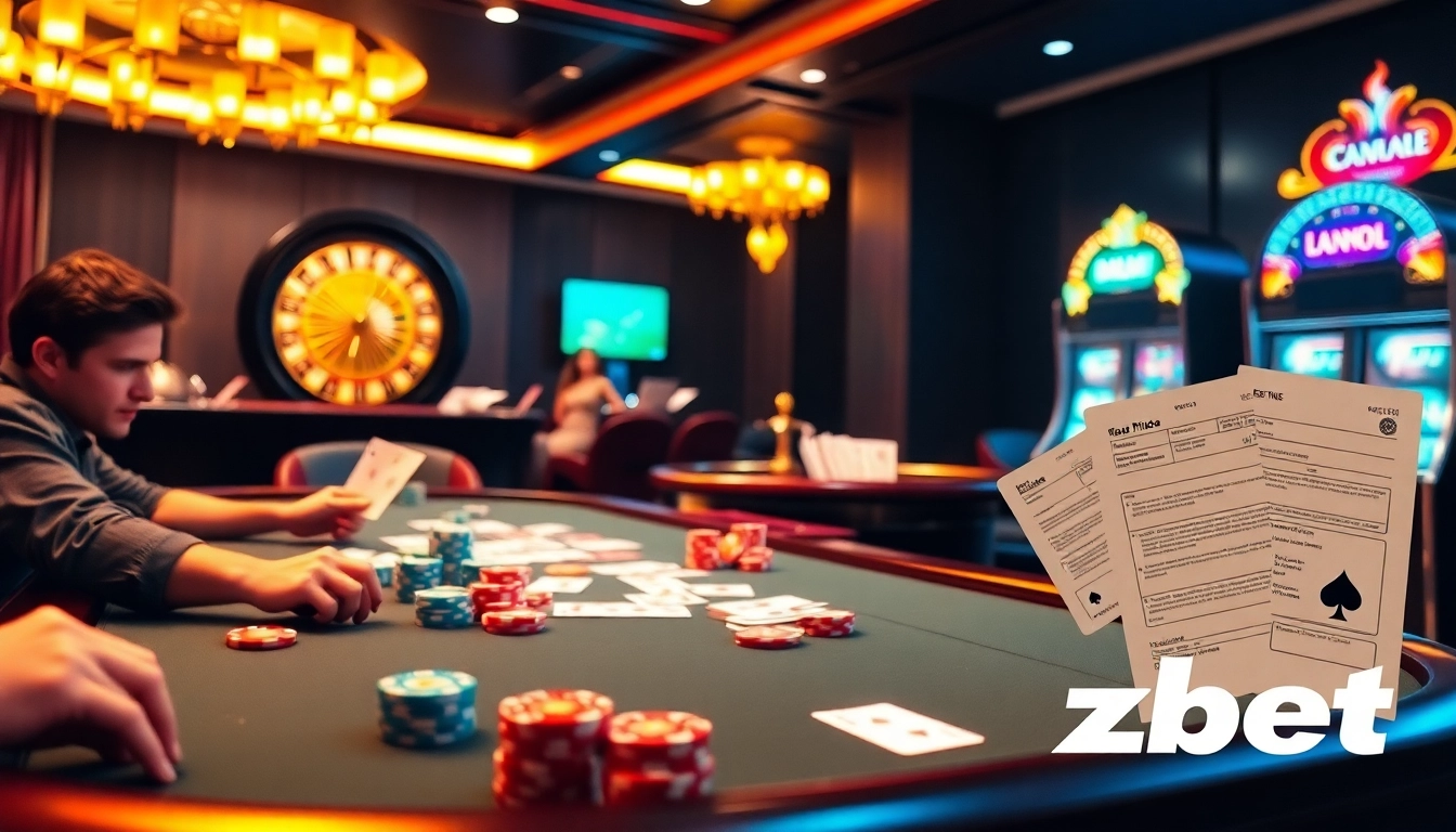 Thrilling poker action at zbet casinos with vibrant chips and enticing roulette backdrop.
