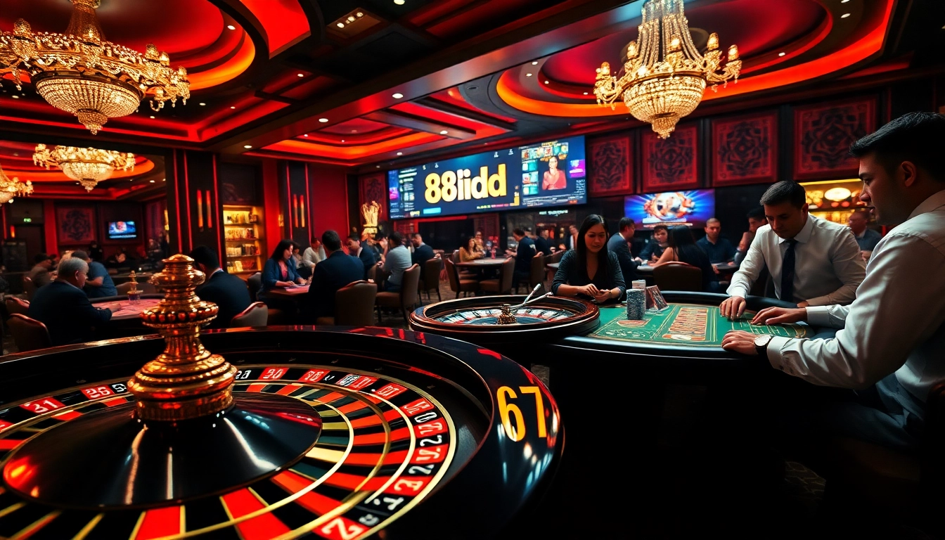 Exciting casino scene showcasing the thrill of gambling with 88idd at vibrant tables under dramatic lighting.
