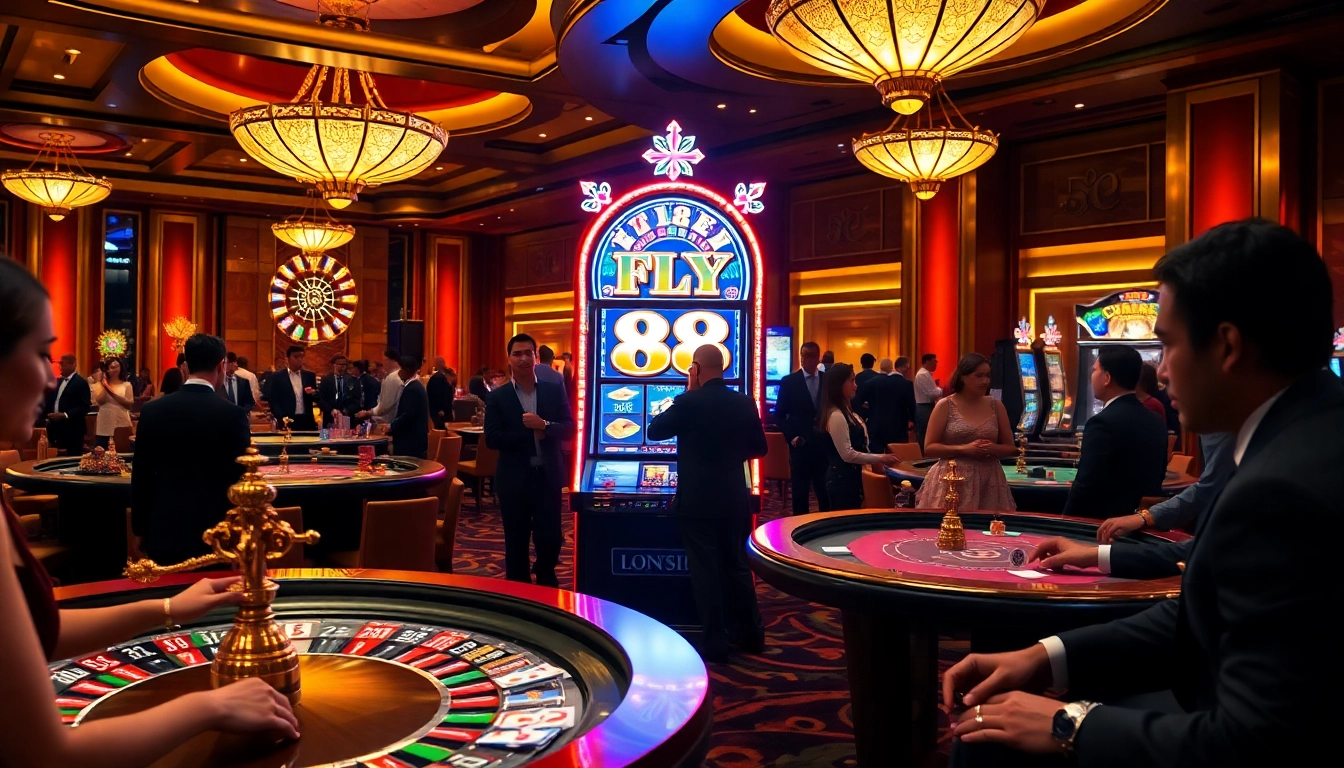 Players engaging with the FLY 88-themed slot machine in a luxurious casino.