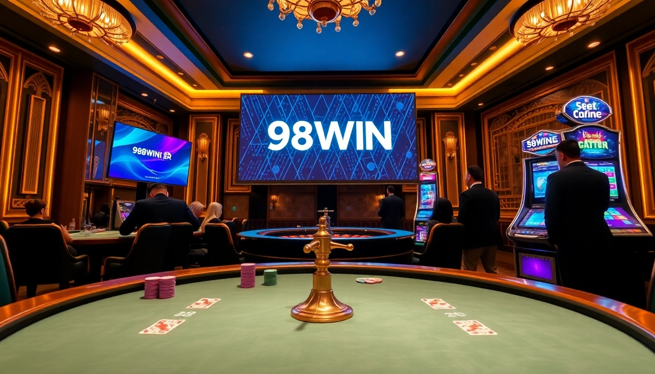 Experience thrilling casino action at 98WIN with professionals playing poker and roulette in an elegant setting.