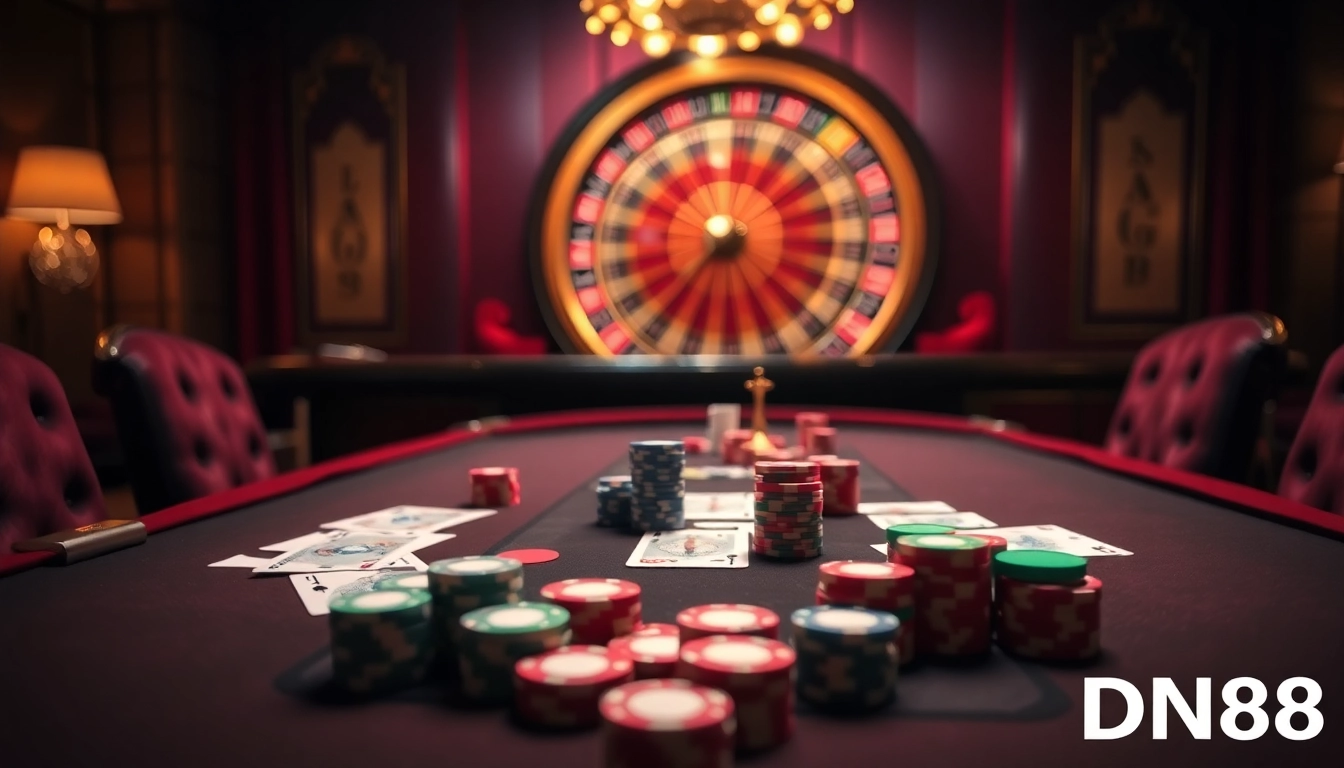 Experience the luxurious world of gambling at DN88 with poker chips and cards set against an elegant backdrop.