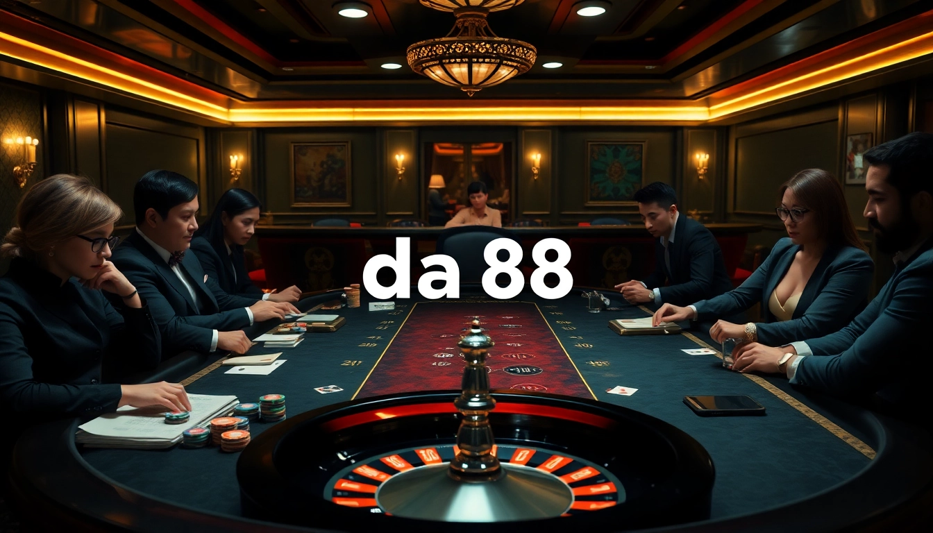 Gamblers engaged in a high-stakes poker game at a luxurious casino with da88 themed elements.