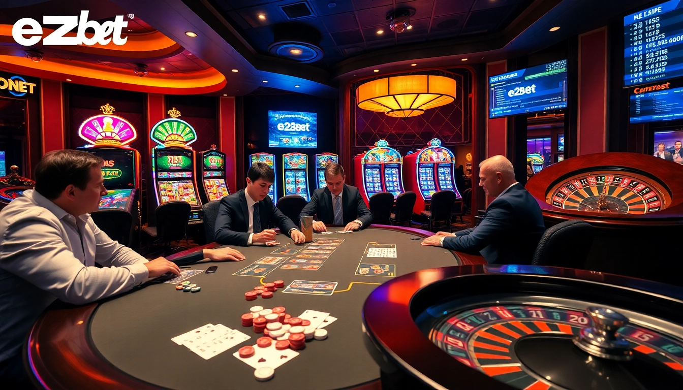 Experience the thrill of e2bet with vibrant casino gaming visuals featuring poker and slots.