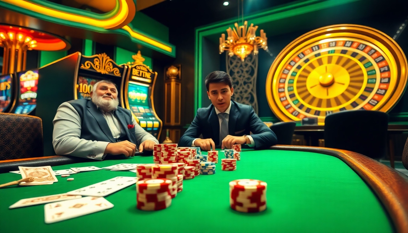 Experience the thrill of gambling at 8day.cn.com with an exciting poker table, roulette wheel, and slot machine scene.