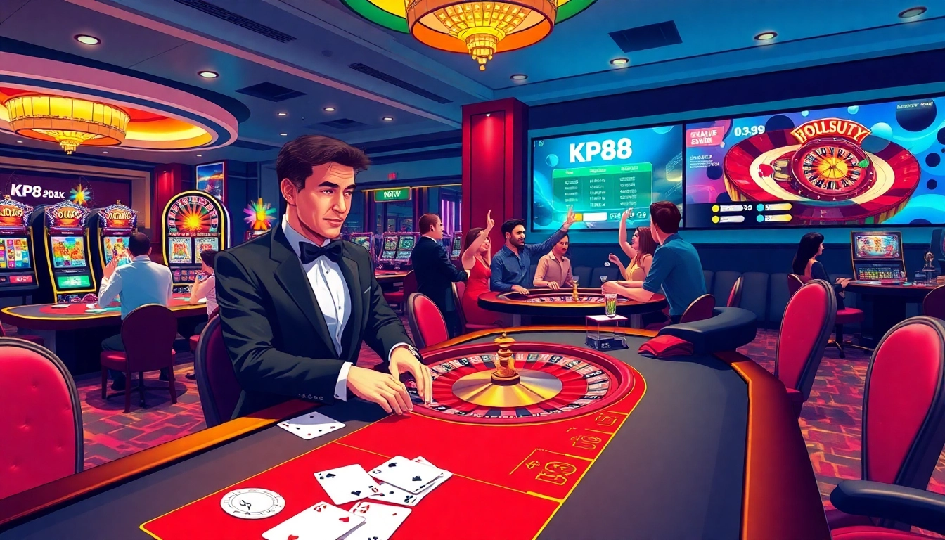 Experience the thrill of KP88 with players enjoying blackjack and roulette in a lavish casino.