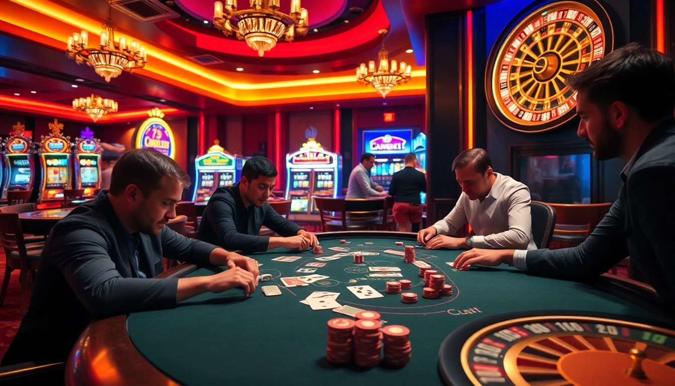 Players enjoying a thrilling game at MANCLUB's upscale casino table, showcasing vibrant chips and cards.