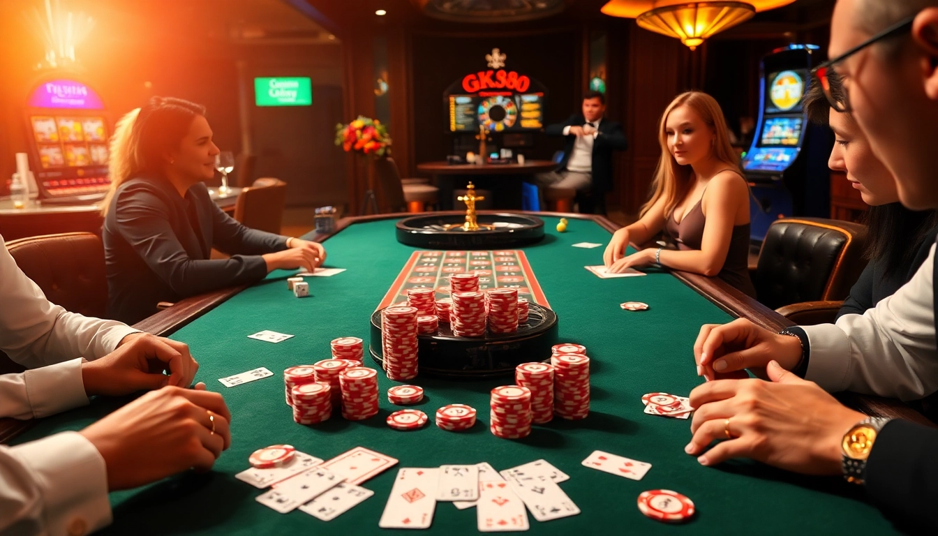 Engaged players strategizing over a GK88 casino table, vibrant chips and cards in play.