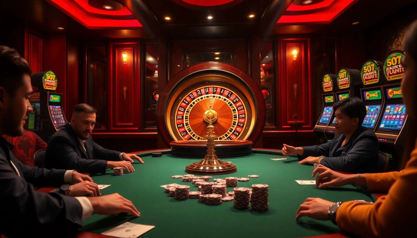 Dynamic casino scene showcasing nhà cái KK55 with players at a poker table and vibrant slot machines.