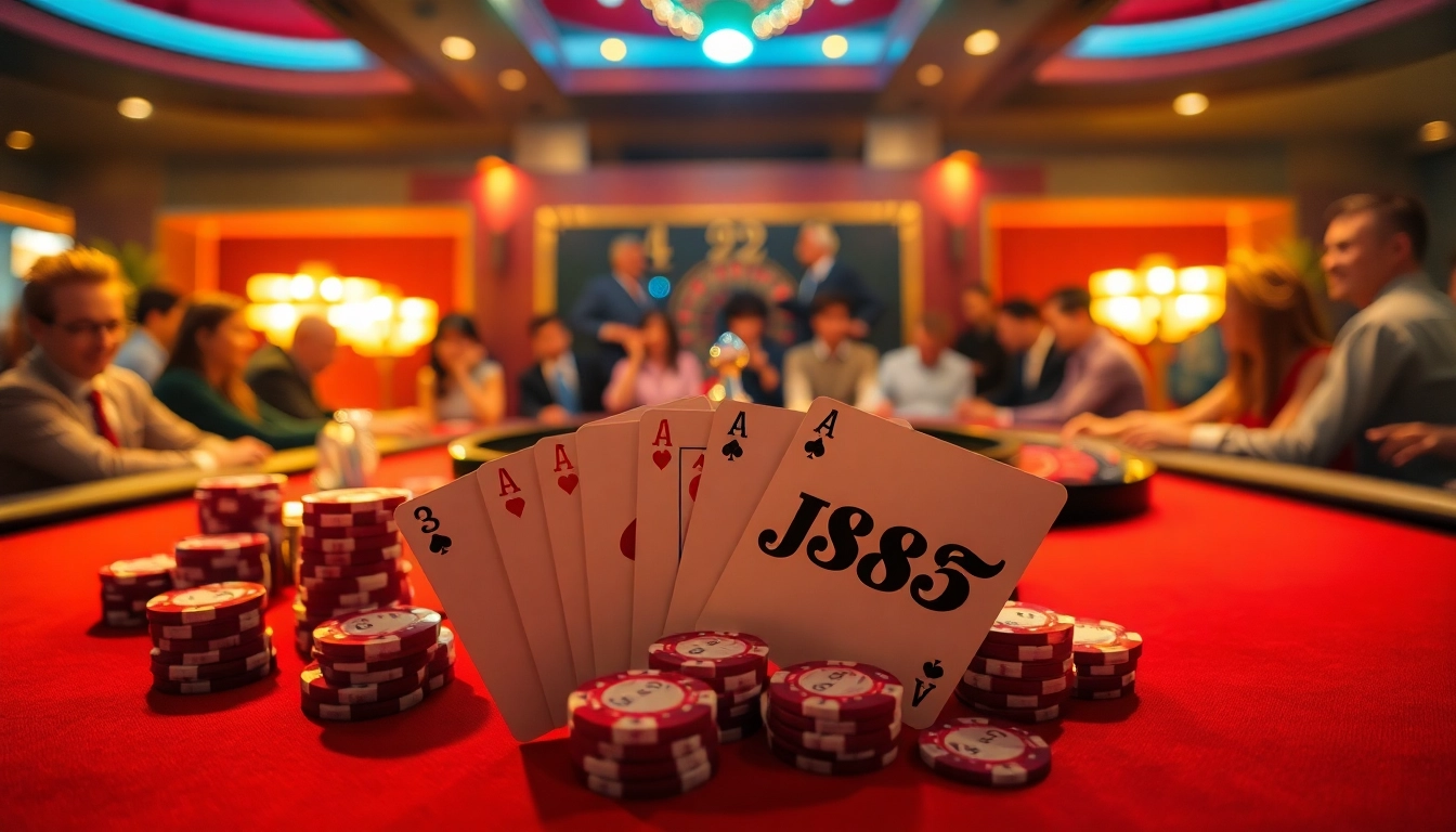 Experience the thrill of J88 casino gaming with vibrant poker chips and cards on an illuminated table.