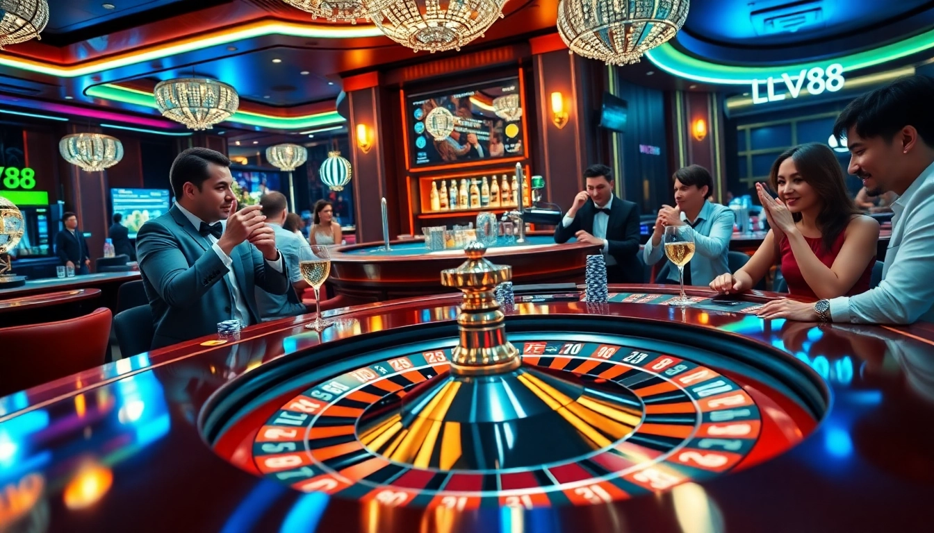 Players celebrate their wins at LV88's vibrant casino tables, surrounded by excitement.