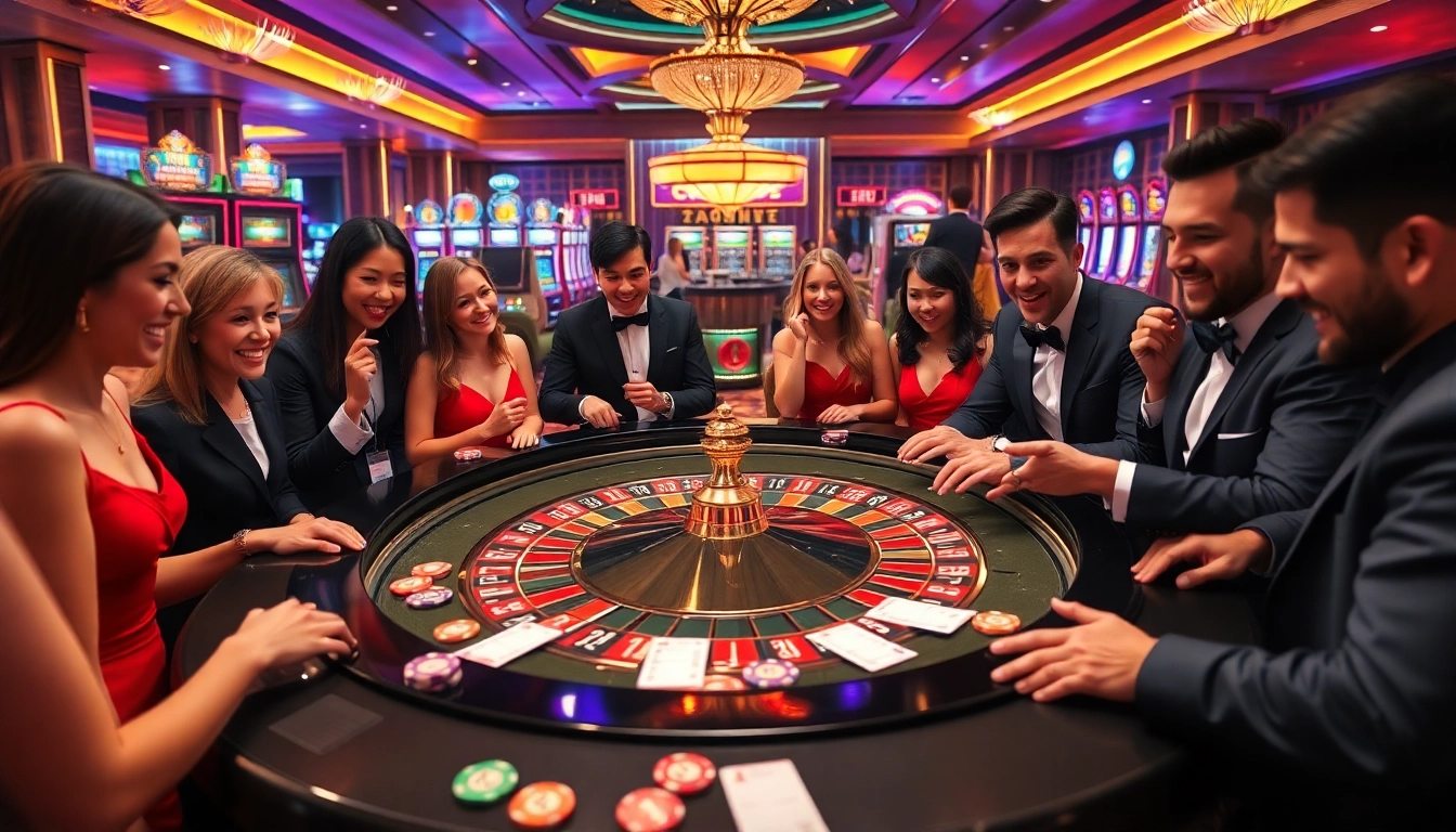 SX88 players enjoying a thrilling game at a luxurious casino roulette table with vibrant colors.