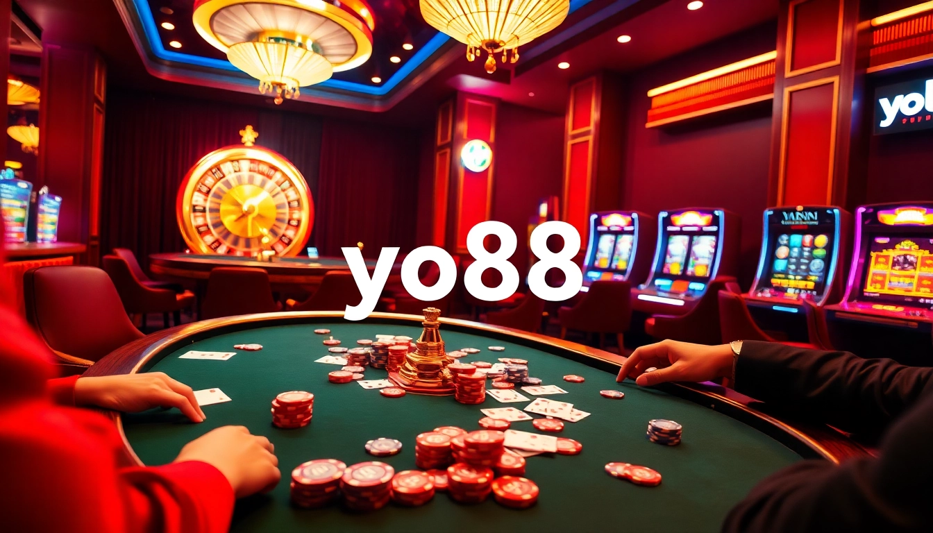 Engaging poker players in a luxurious scene at the yo88 casino, showcasing vibrant action and excitement.