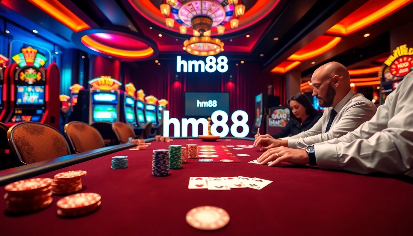 Players enjoying poker at an upscale casino with hm88-themed decor, chips, and cards.