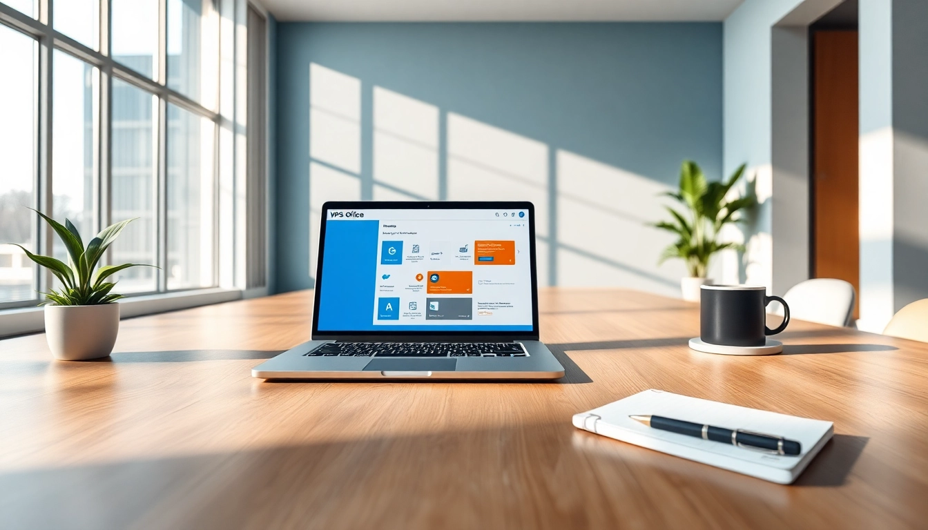 现代化工作区，笔记本电脑屏幕显示 WPS下载，促进生产力与创新。