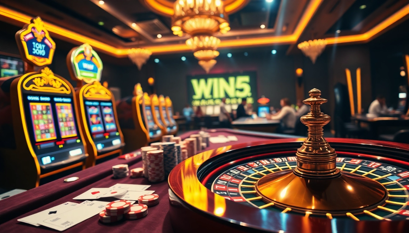 Players enjoying the win55 gaming experience at a luxury casino with vibrant tables and slot machines.