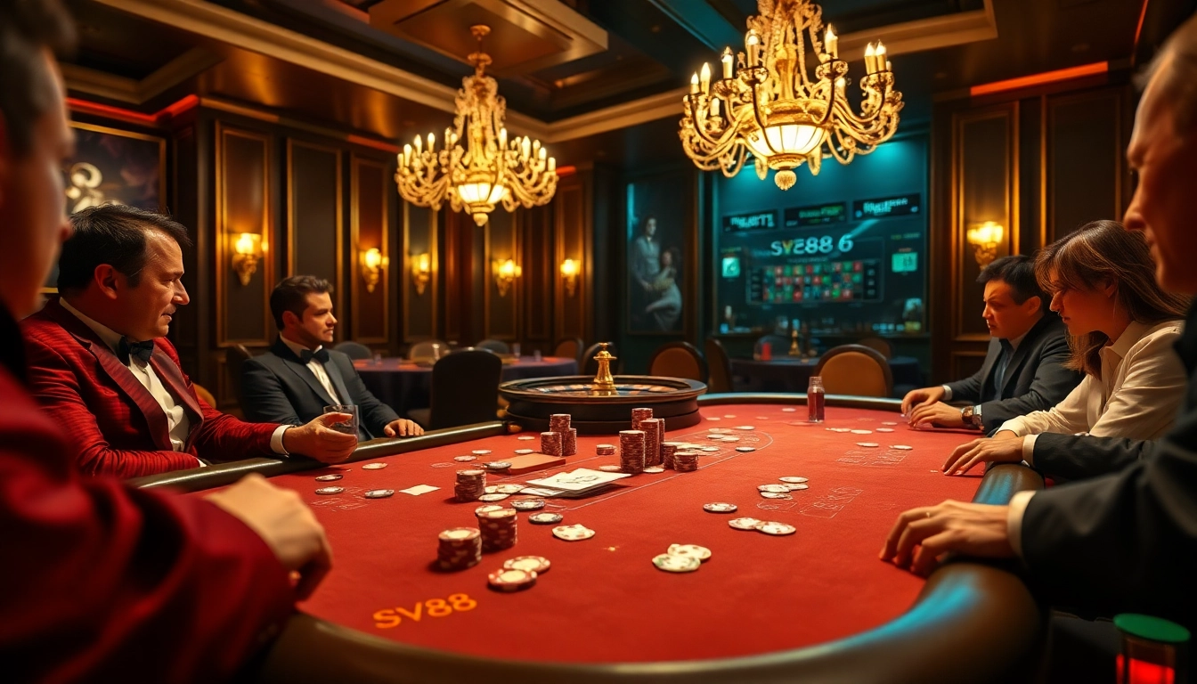 Experience luxury gambling at the SV88 poker table in a vibrant casino atmosphere.