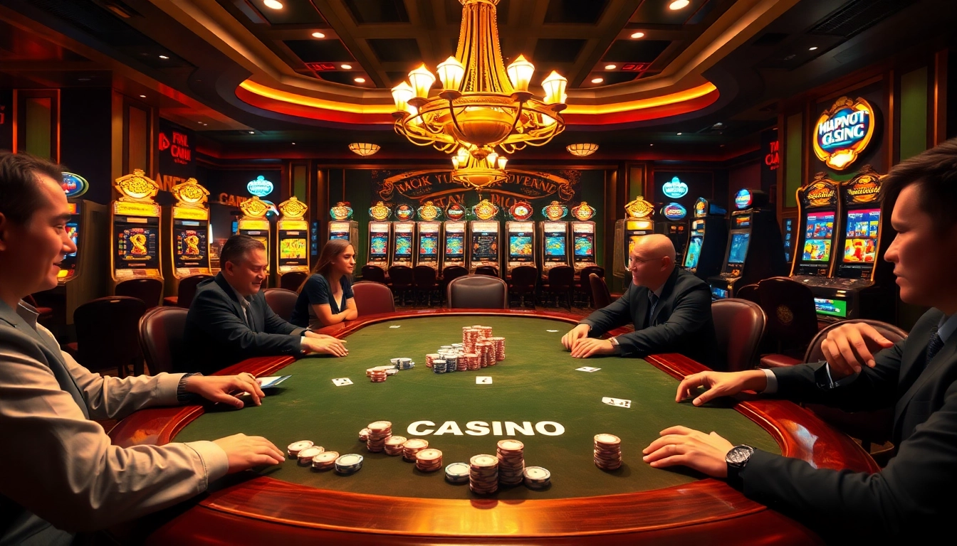 Experience the thrill of poker at rikvip368.com, set in a luxurious casino with polished tables and vibrant slot machines.