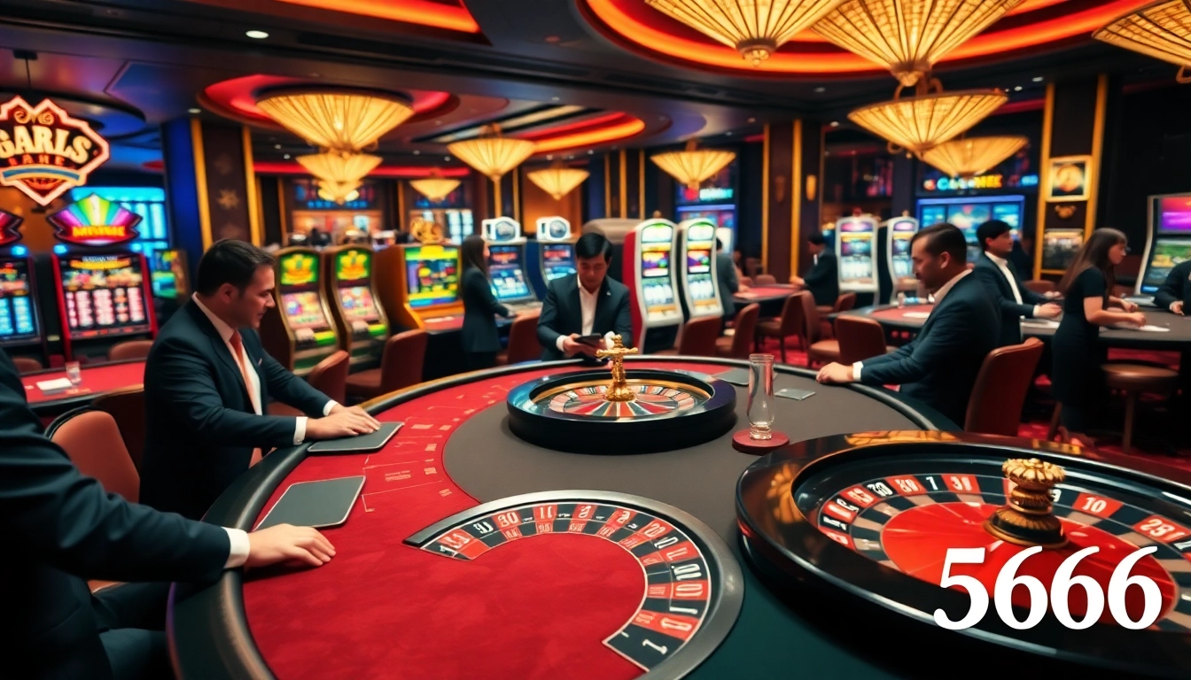 Engage with the thrilling experience at 566, showcasing lively gambling activities at a luxurious casino.