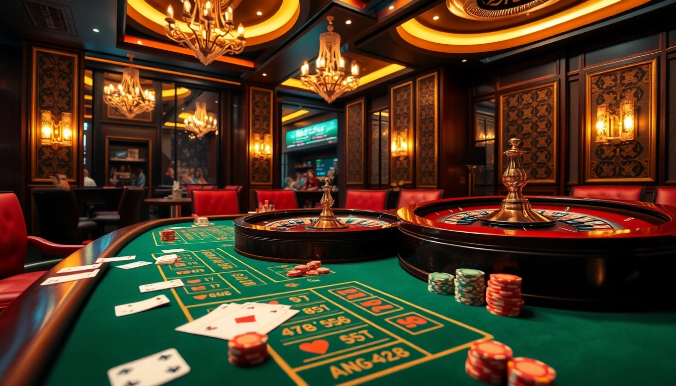 A vibrant casino scene capturing the thrill of Kèo Bóng Đá betting, showcasing cards, chips, and roulette elements.