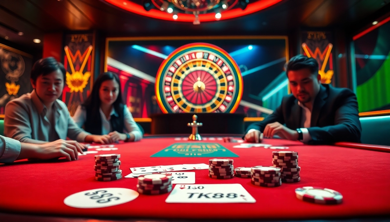 Experience TK88's thrilling poker game with vibrant chips, cards, and a roulette wheel.