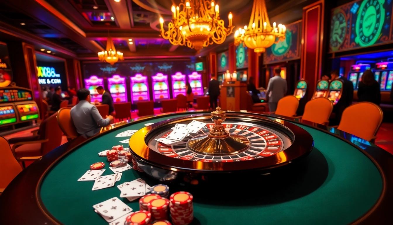 Players enjoying the thrilling atmosphere at xx88.com casino tables filled with chips and cards.