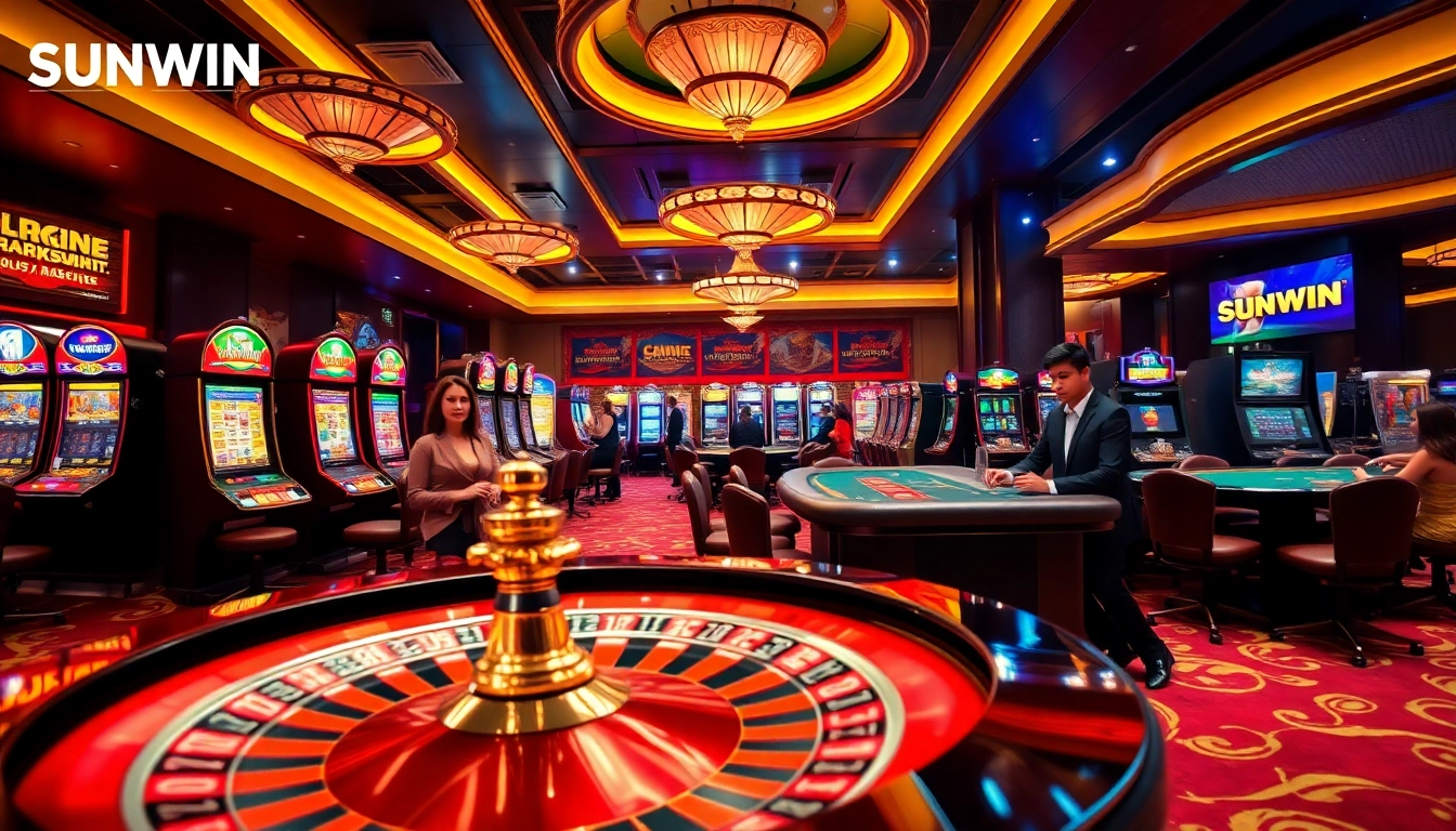 SUNWIN casino gaming experience with roulette, slot machines, and engaged players.