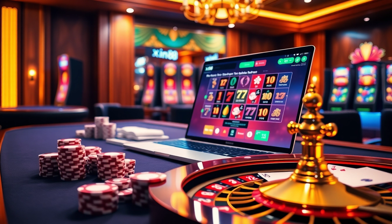 Experience excitement at xin88 with a stylish online casino setup featuring cards and chips.