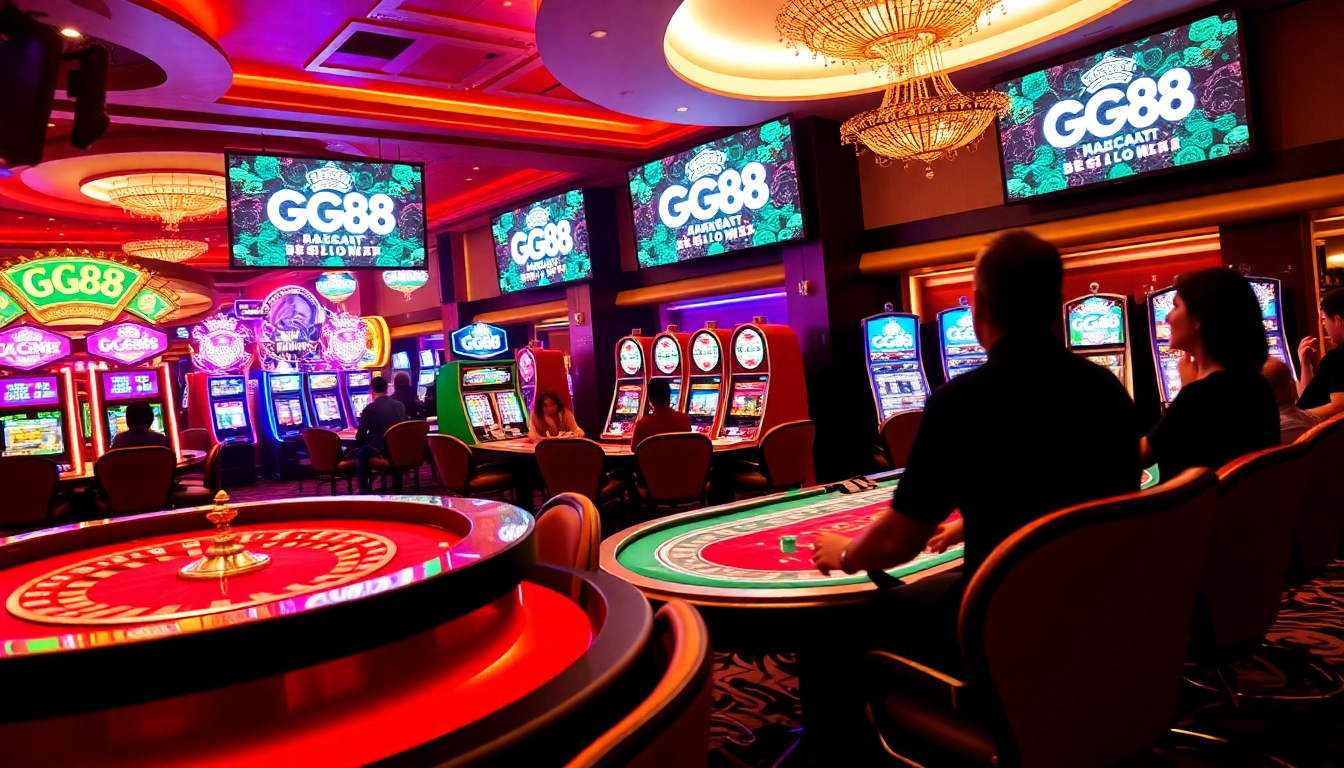 Players enjoying various games at GG88 casino with vibrant tables and slot machines.