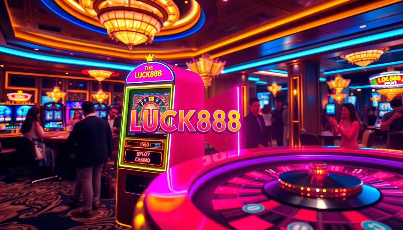 Experience the excitement of LUCK888 at a luxurious casino with vibrant slot machines and vibrant poker tables.