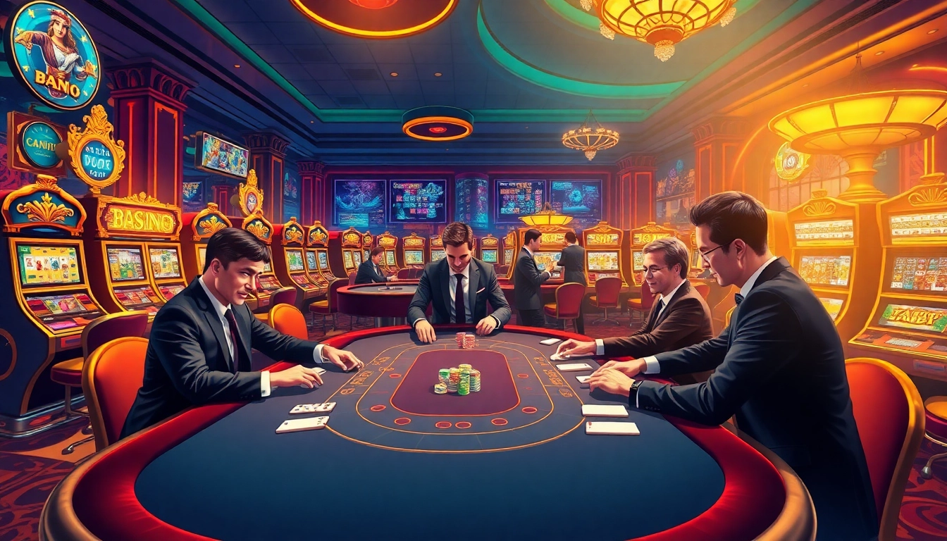 Players enjoying high-stakes poker at https://ph33.info, surrounded by engaging slot machines and a vibrant casino atmosphere.