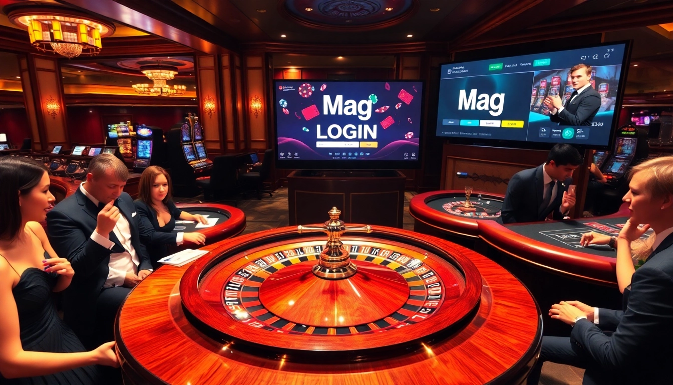 Experience the thrill of casino gaming with Mag Login featured prominently on a luxurious gambling scene.