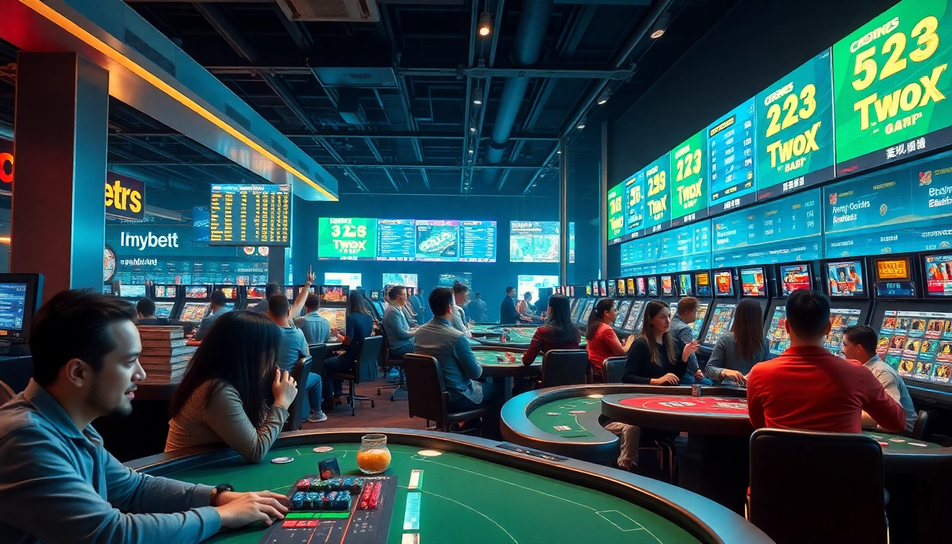 Dynamic online casino scene showcasing players enjoying games at luckywin.name, with vibrant colors and modern technology.