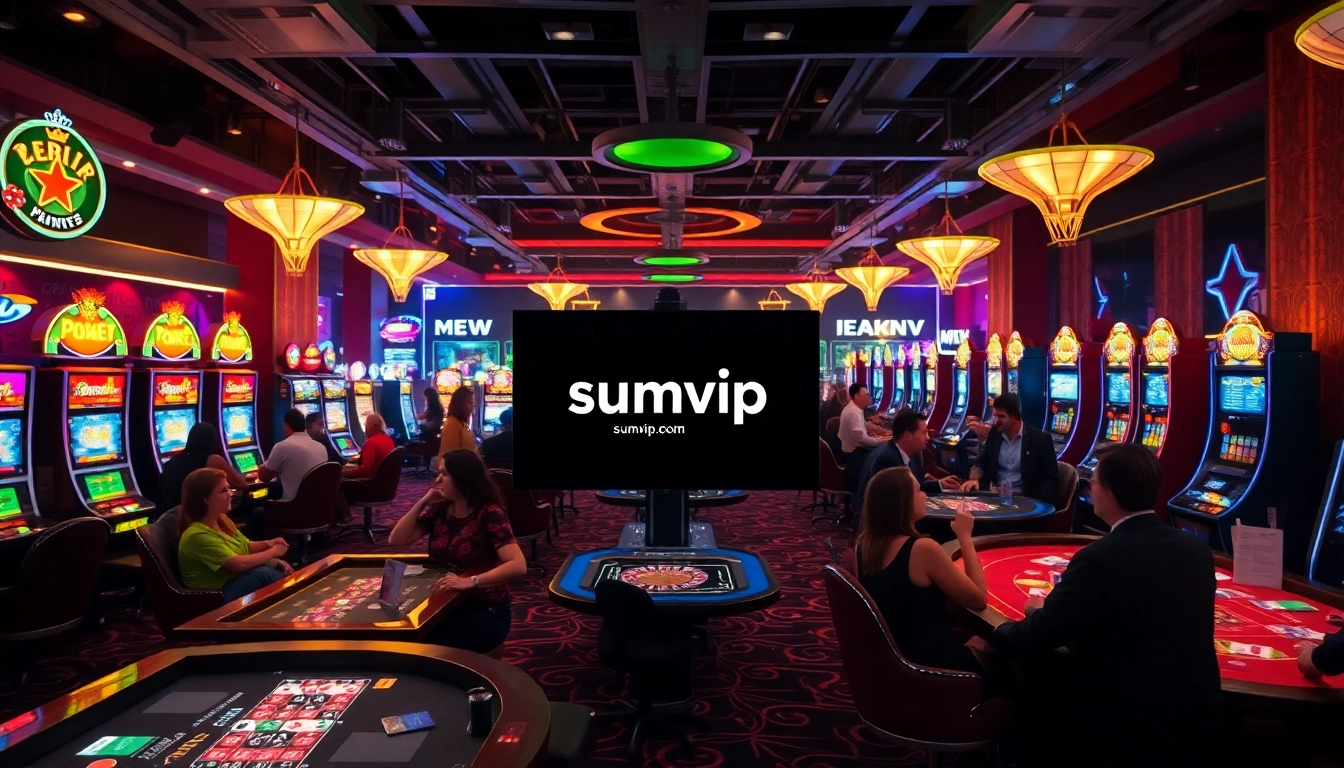 The vibrant casino scene features players enjoying exciting games while showcasing the online gaming interface of https://sumvip.mom/.
