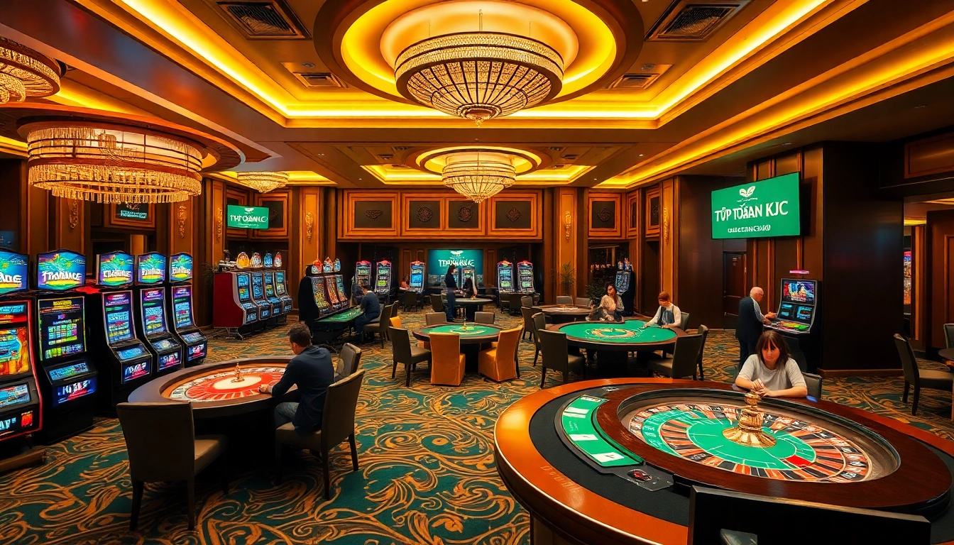 Tập Đoàn KJC offers an exciting gaming experience with players at poker tables and vibrant slot machines in a luxurious casino environment.