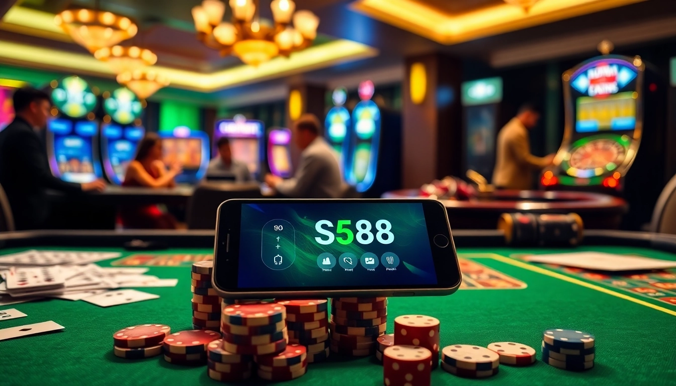 Players enjoying thrilling games at an S88 casino table, vibrant with cards and chips.