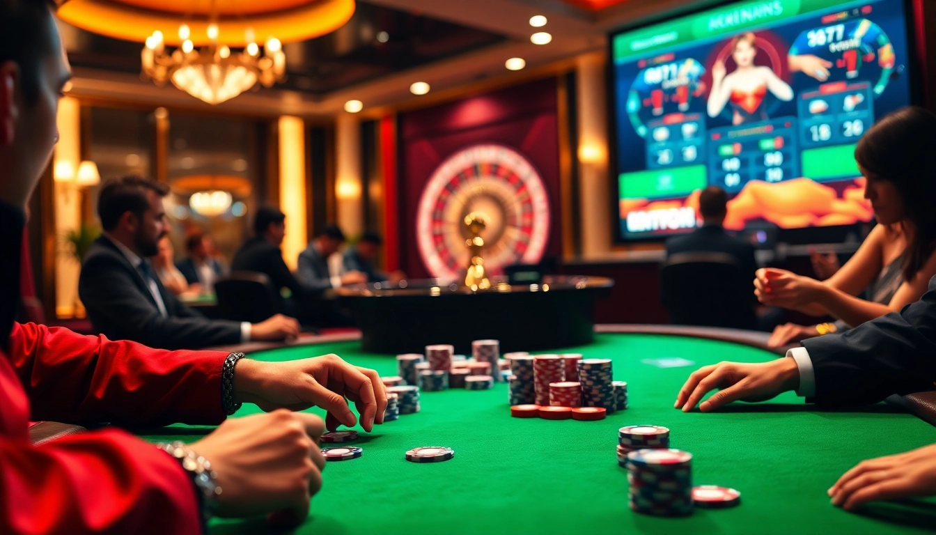 Engaging poker players at a luxurious casino table, highlighting https://okkingok.net/ online gaming elements.
