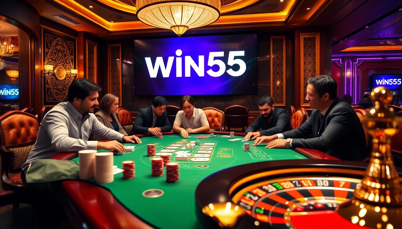 Players enjoy poker at a lavish casino table featuring the Win55 logo, symbolizing thrilling gambling.