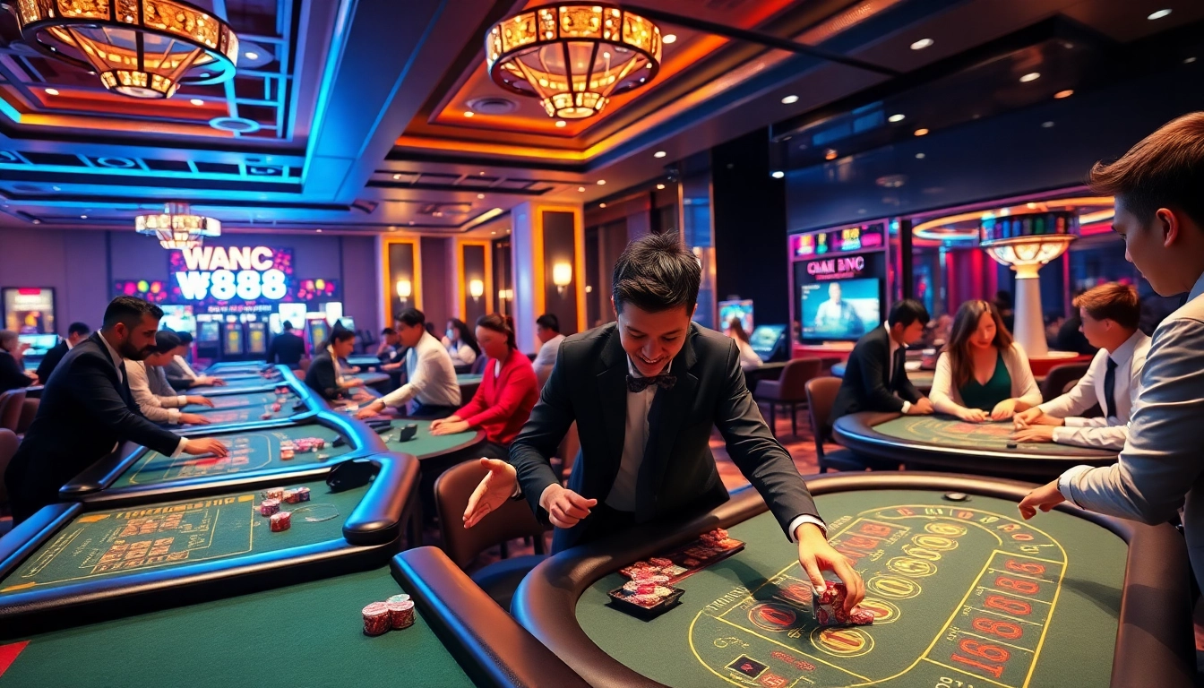 Experience online gaming excitement at w88.nyc in a vibrant casino scene with players and engaging dealers.