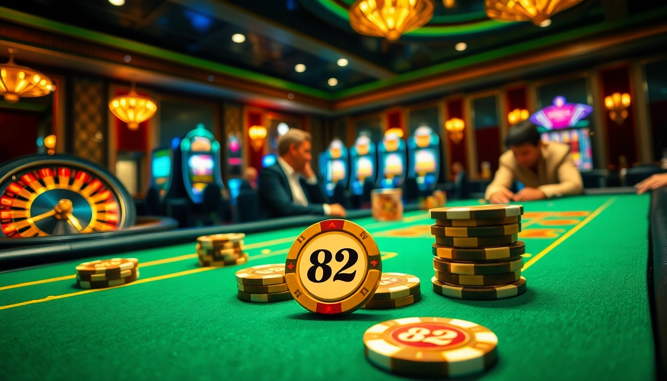 B52-themed poker chips enhancing a luxurious casino atmosphere with attentive players.