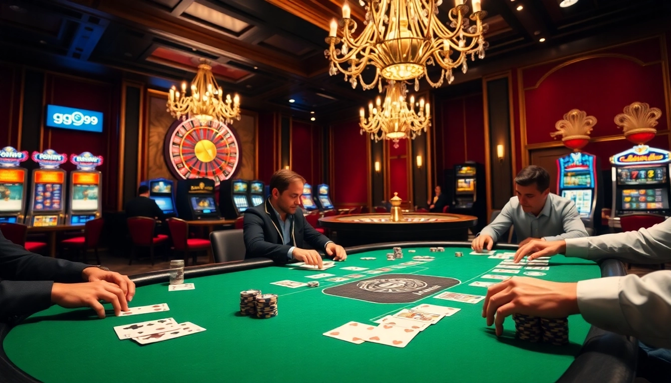 Experience the thrill of go99 with players at an upscale poker table in a luxurious casino.