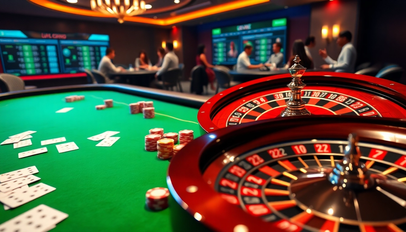 Engaging scene showcasing kèo nhà cái betting at a polished casino table with poker chips and cards.