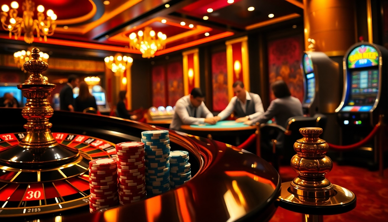 Engaged players at a high-stakes table surrounding colorful poker chips and a roulette wheel in a luxury casino KK55.