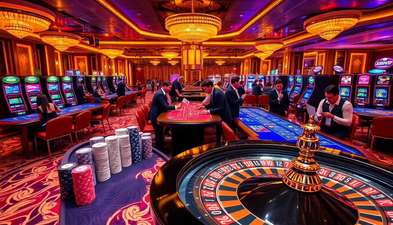 Exciting sumvip club casino scene with poker tables, roulette wheel, and vibrant slot machines.