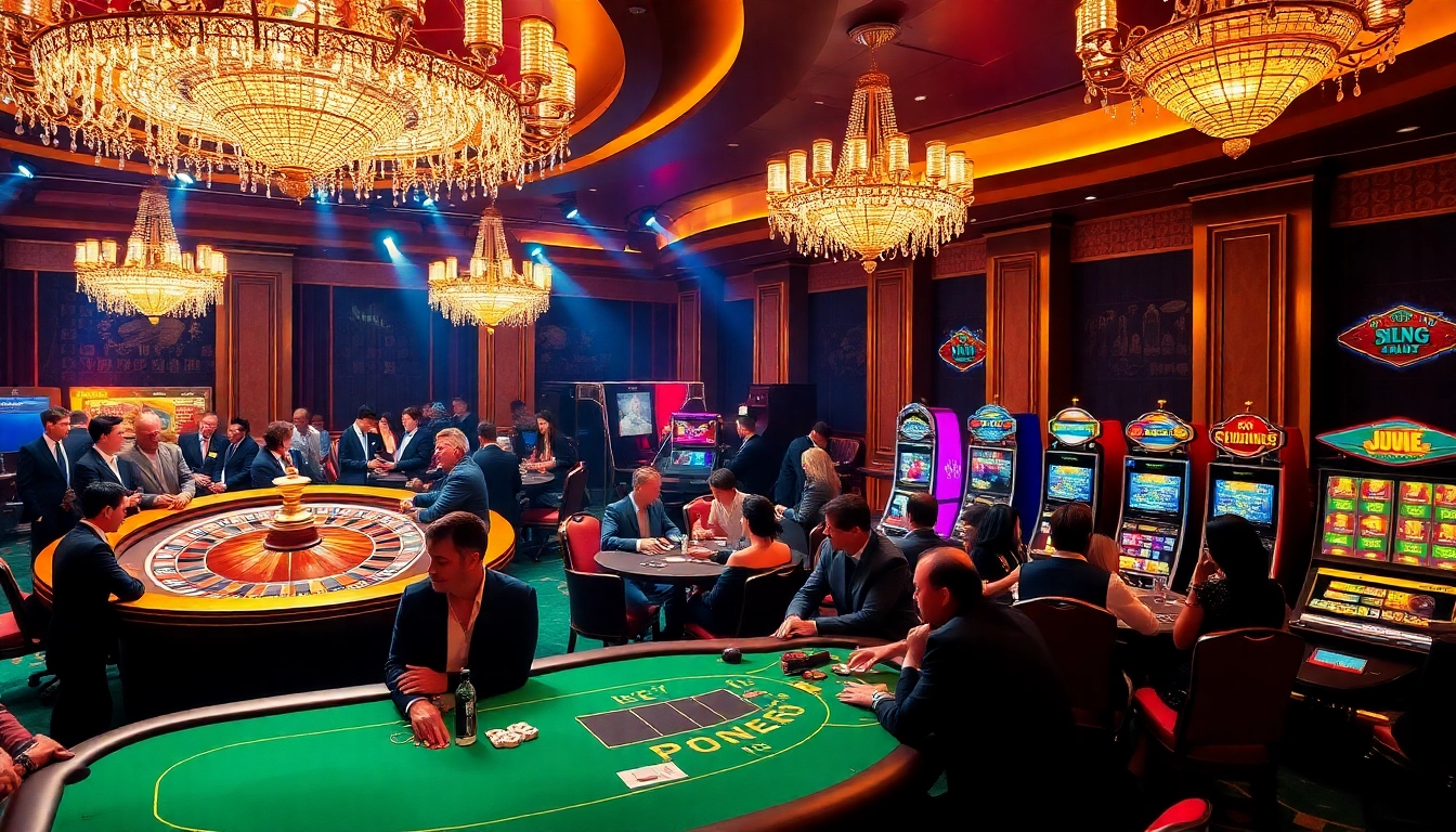 Players engaging in high-stakes gambling at https://slvip1.com.ph casino with roulette and poker tables.