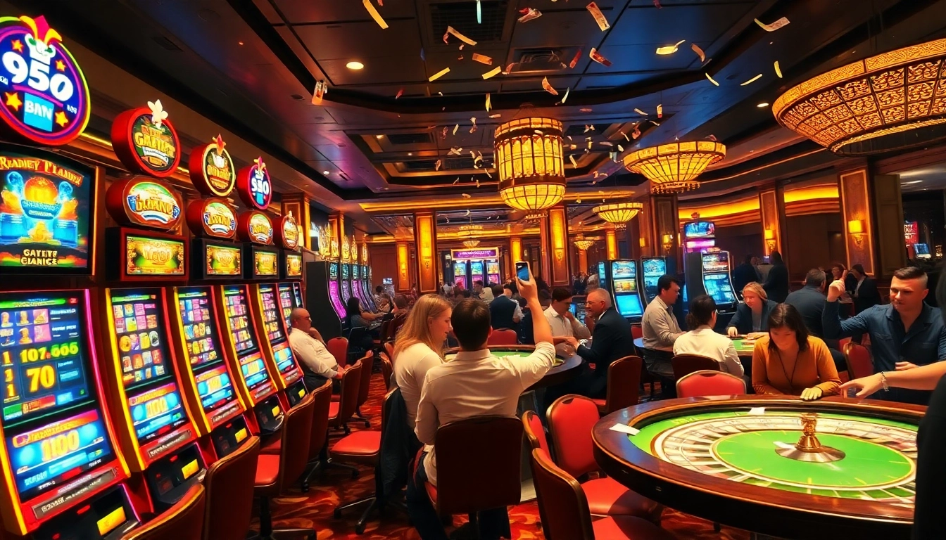 Excited players celebrating a nổ hũ jackpot among vibrant slot machines and casino tables.