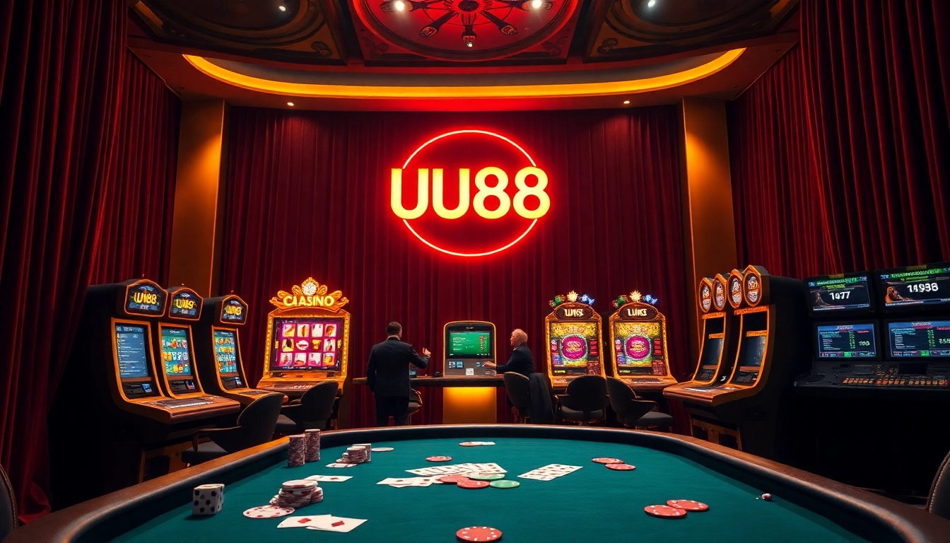 Experience the excitement of UU88 with vibrant poker chips and illuminated slot machines.