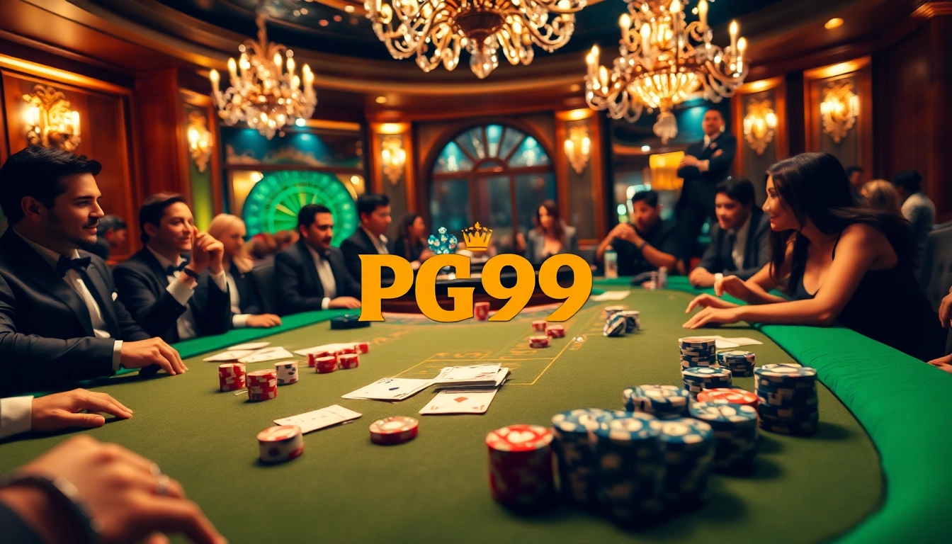 Gamblers enjoying a high-stakes game at a luxurious casino table with PG99 branding visible.
