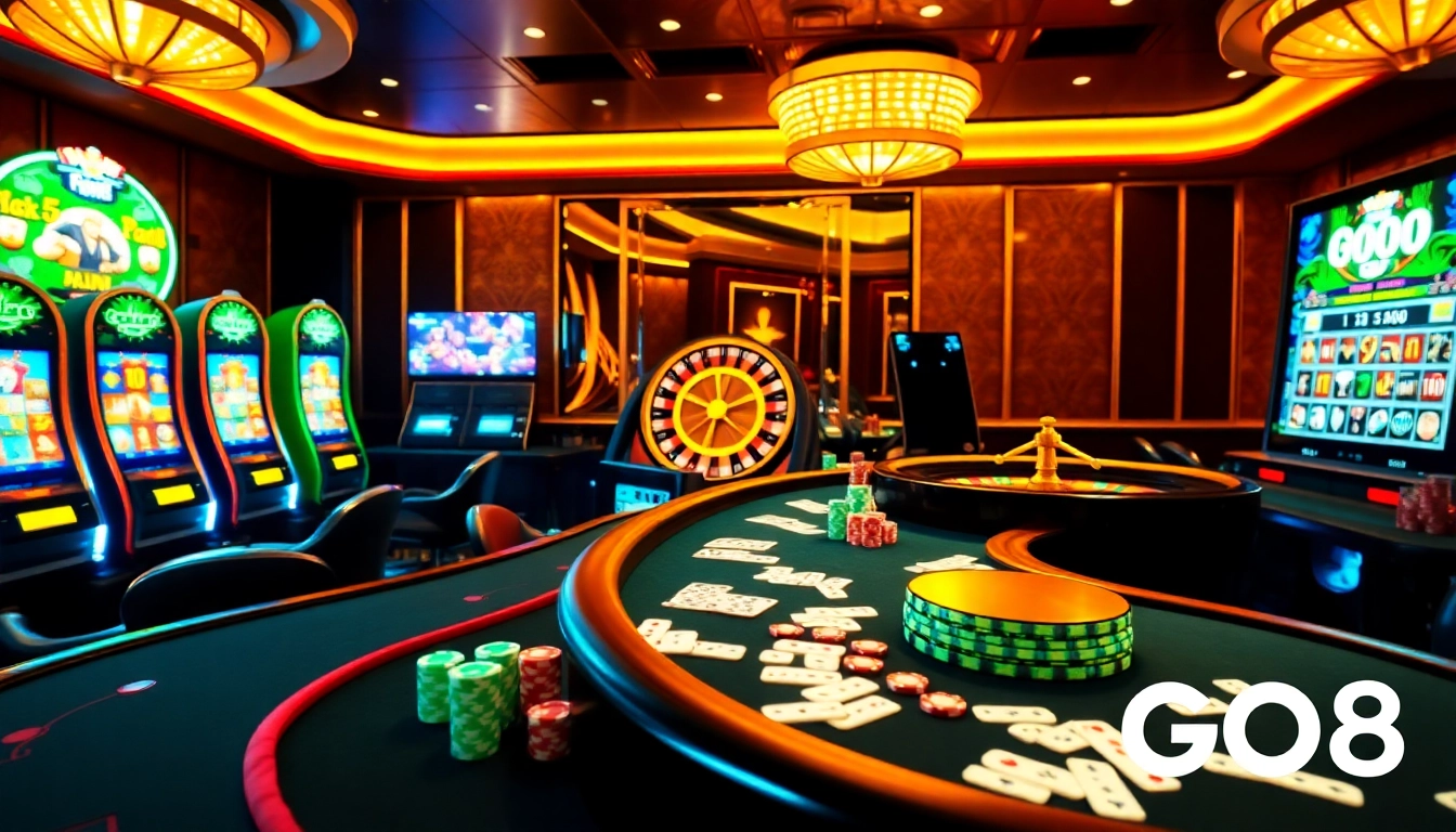 Players enjoying a thrilling casino experience at https://go8s.bio/ with vibrant poker chips and a roulette wheel.